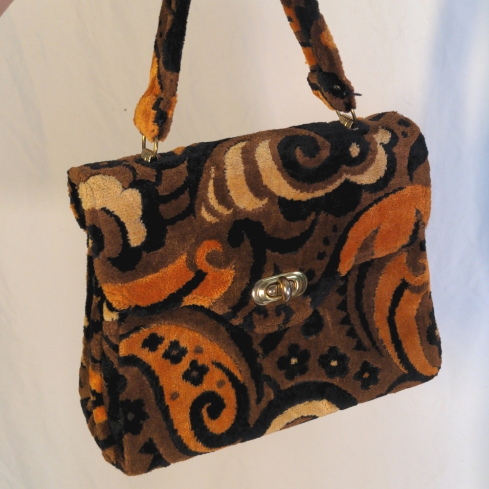Vintage Orange and Black 70s Carpet Bag